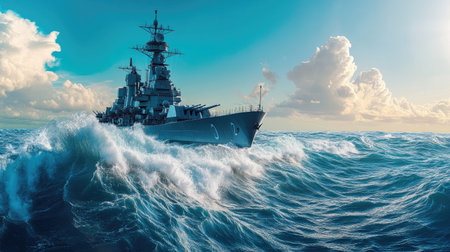 Panoramic view of a naval battleship at sea, with its imposing structure cutting through the waves on a clear, sunny day.の素材