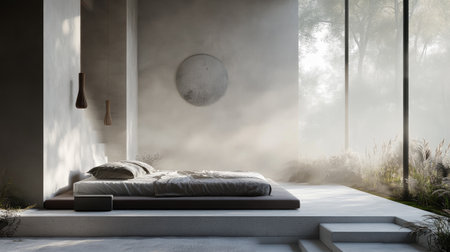 Minimalist bedroom with a large window, natural light, and a focus on simplicity with a low bed and minimal decor elementsの素材