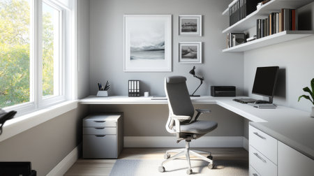 Minimalist home office with a tidy desk, ergonomic chair, and uncluttered workspace, highlighting a focus on functionality and simplicityの素材