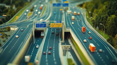 Motorway entrance with a clear view of the on-ramp, road signs, and vehicles merging onto the highway, showcasing the entry point.の素材
