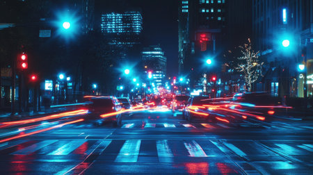 Nighttime city street with illuminated traffic signals and moving cars, showcasing the vibrant and dynamic nature of urban traffic.の素材