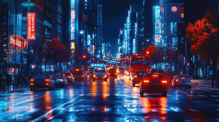 Nighttime city street with illuminated traffic signals and moving cars, showcasing the vibrant and dynamic nature of urban traffic.の素材