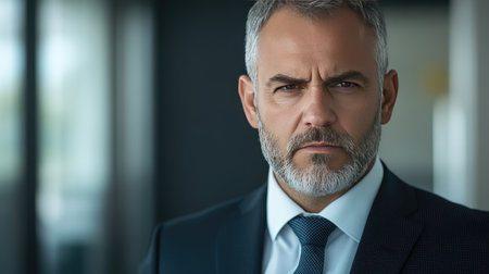 Portrait of a focused middle-aged businessman in a suit and tie, with a clear expression of concentration, set against a neutral office background.の素材