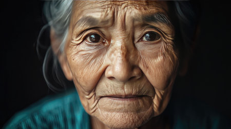 Portrait of an elderly woman with well-defined wrinkles and a wise gaze, set against a simple background. Emphasizes the beauty of aging gracefully.の素材