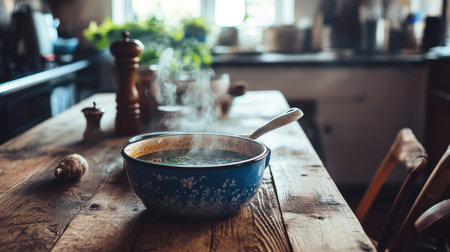 Vintage enamel-coated pot with a steaming bowl of soup, placed on a wooden dining table with rustic decor, evoking a homely, comforting feel.の素材