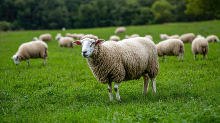 Sheep grazing in a lush green field, with a focus on their thick, woolly coats, emphasizing the natural habitat and wool quality.の素材