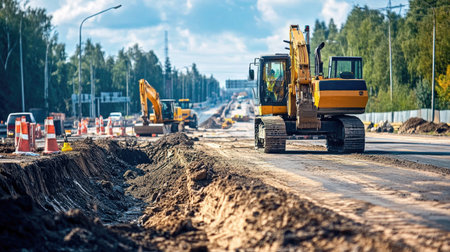 View of a motorway construction site with heavy machinery and roadwork barriers, highlighting infrastructure development and progress.の素材