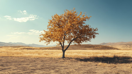 Tree with wilting leaves in a sun-scorched landscape, emphasizing the impact of higher temperatures on plant life and ecosystems.の素材