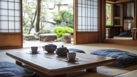 Traditional Japanese living room with tatami mats, shoji screens, and a low wooden table set with tea and cushions.の素材