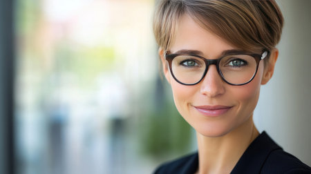 Close-up of a businesswoman with a friendly demeanor, wearing glasses and a business suit, with a soft-focus office backdropの素材