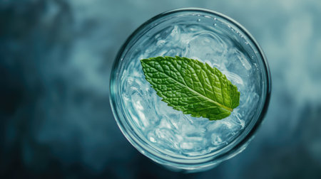Close-up of a glass of still water with a mint leaf floating on topの素材