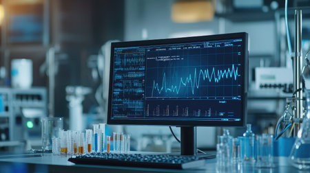 Close-up of a monitor displaying electrical signals and waveform data in a high-tech laboratory settingの素材