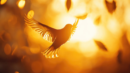 Close-up of a bird in flight, with detailed feathers and motion blur against a sunset backdropの素材
