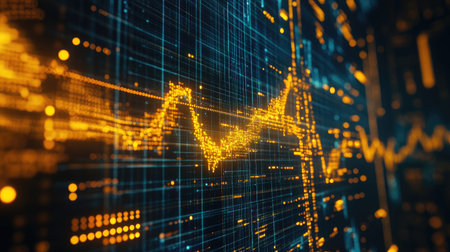 Close-up of a digital screen displaying a gold price chart with fluctuating lines and data points, reflecting market trendsの素材