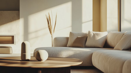 Close-up of a modern minimalist living room with clean lines, neutral colors, and simple furnishingsの素材