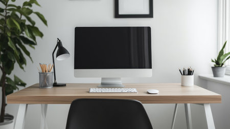 Close-up of a minimalist home office with a sleek desk, ergonomic chair, and minimalistic decor, focusing on a clean workspaceの素材