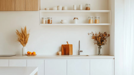 Close-up of a minimalist kitchen with clean lines, white cabinetry, and minimal decor, highlighting the simplicity and eleganceの素材