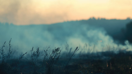 Close-up of smoke drifting across a rural landscape from a controlled burn, with a blurred horizon and vegetationの素材