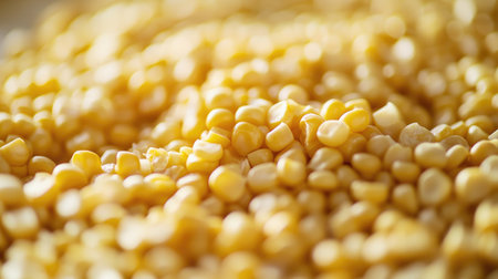 Close-up of corn kernels being prepared for a recipe, with a focus on the texture and natural colorsの素材