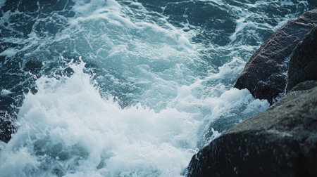 Close-up of crashing waves against rugged rocks, with white foam and dynamic water motionの素材