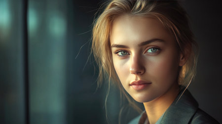 Close-up of a young businesswoman with a focused look, wearing a blazer and with natural lighting highlighting her featuresの素材