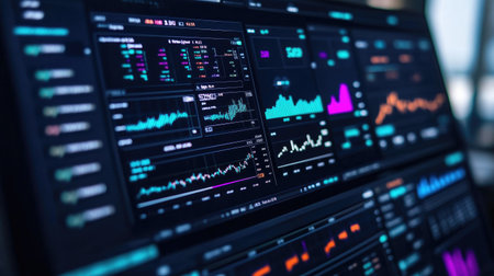 Close-up of a stock trading dashboard with multiple charts showing various stock performance metricsの素材