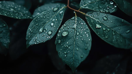 Close-up of water droplets on a dark green leaf, with the droplets forming a beautiful contrast against the leaf's textureの素材
