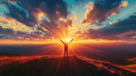 Close-up of a person on a hilltop with arms raised, silhouetted against a vibrant sunset with rays streaming through cloudsの素材