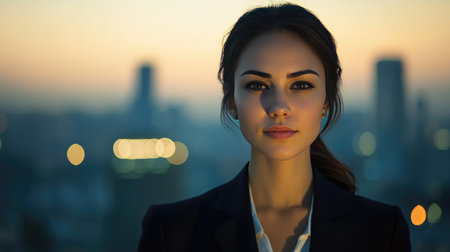 Detailed shot of a businesswoman with a clear, focused expression, dressed in business attire and standing against a cityscape backgroundの素材