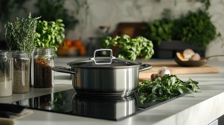 Modern saucepan with a glass lid on a stove, with an assortment of fresh herbs and spices beside it, emphasizing culinary preparation and kitchen efficiency.の素材