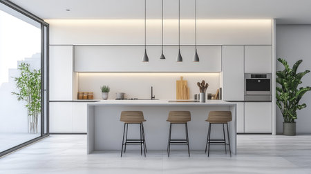 Modern kitchen with a minimalist aesthetic, showcasing sleek cabinetry, a clean countertop, and minimalist decor.の素材