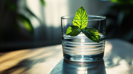 Close-up of a glass of still water with a mint leaf floating on topの素材