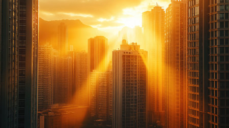 Sunrise over a dense urban environment, with the sun rays breaking through the gaps between high-rise buildings and illuminating the morning sky.の素材