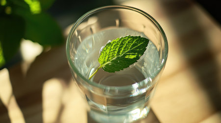 Close-up of a glass of still water with a mint leaf floating on topの素材