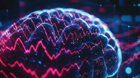 Detailed shot of a modern EEG device with electrical wave patterns representing brain activityの素材