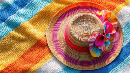 Detailed view of a colorful summer sunhat with wide brim and floral pattern, lying on a beach towelの素材