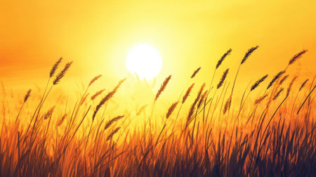 Detailed view of a field of grass silhouetted against a golden sunrise, with the sun casting long shadowsの素材