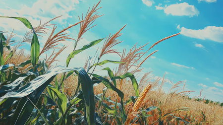 Detailed view of a cornfield with tall stalks and ripe corn ears, under a bright blue skyの素材