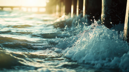 Detailed view of waves gently lapping against a coastal pier, with sunlight glinting off the waterの素材