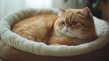 A big, round cat sitting in a small bed, with its body overflowing, creating a cozy and adorable scene.の素材