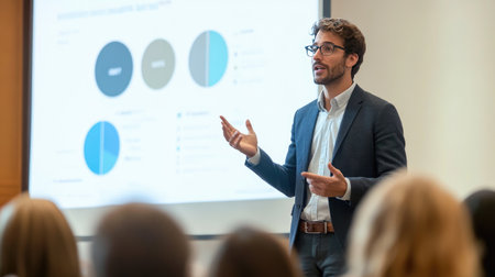 A business executive giving a presentation to an audience, with a focus on a large screen displaying key data and insights.の素材