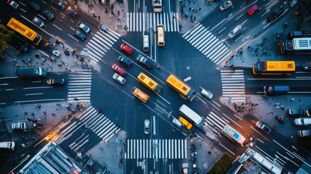 A busy city intersection with multiple cars and buses navigating through traffic lights and crosswalks, illustrating urban traffic flow.の素材