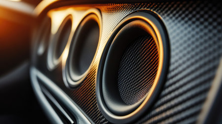 A close-up of a high-quality car speaker mounted on the door panel, showcasing its sleek design and premium materials in a modern vehicleの素材