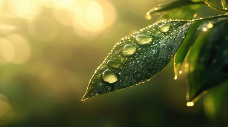 Detailed view of morning dew on a leaf, with droplets clinging to the edges and a soft, blurred backgroundの素材