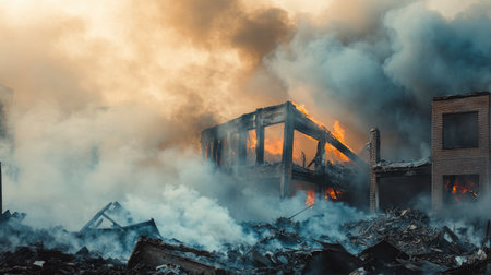Detailed view of smoke rising from an abandoned building fire, with remnants of the structure and firefighting effortsの素材
