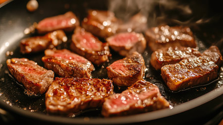 A close-up of a frying pan with perfectly seared steak, sizzling and caramelizing, highlighting the cooking process and delicious resultsの素材