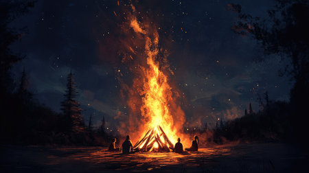 A campfire with tall, roaring flames against a dark night sky, with sparks flying and a group of people sitting around itの素材