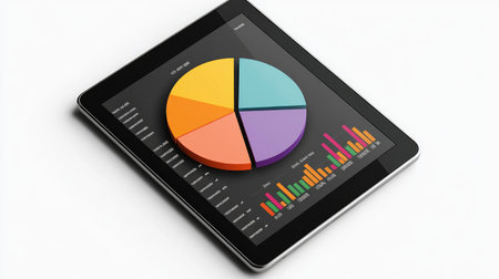 A detailed pie chart on a tablet screen, showcasing market share distribution with distinct segments and clear labeling.の素材