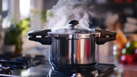 A close-up of a pressure cooker on a stovetop, with steam escaping from the top, highlighting its functionality and sleek design.の素材