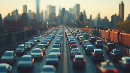 A close-up of a traffic jam on a bridge with vehicles stopped and a skyline in the background, illustrating congestion in a metropolitan area.の素材